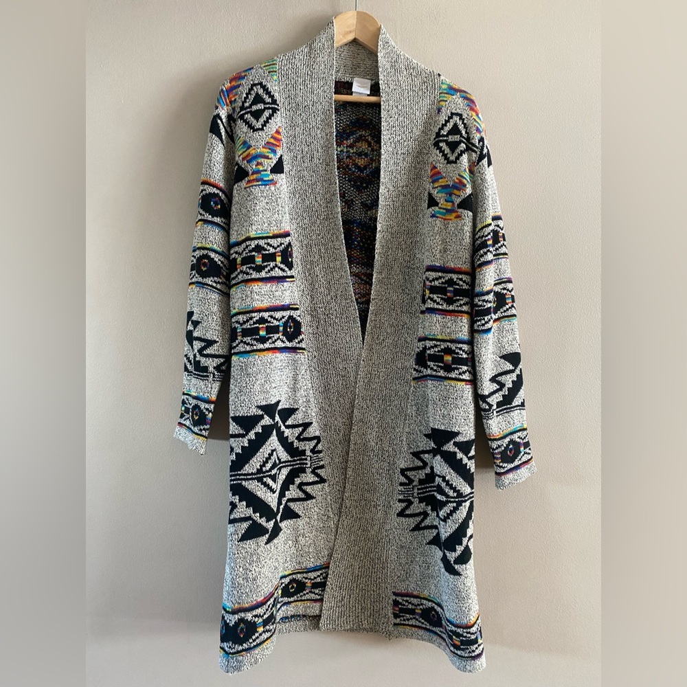 Northern Angel Southwest Aztec Boho Colorful Knit Duster Open Front Size LARGE